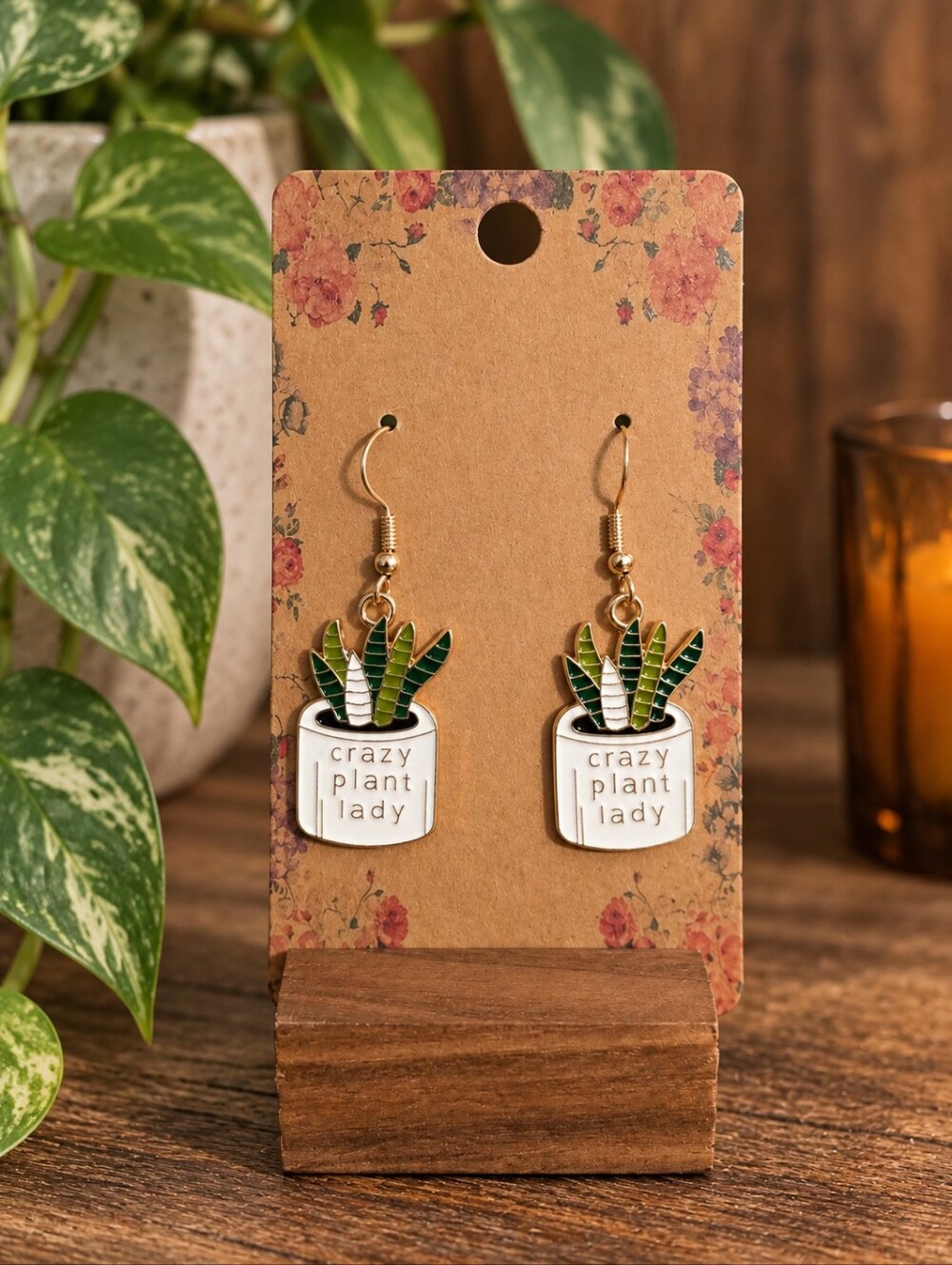 Crazy Plant Lady Earrings Green Houseplant Potted Plant Dangle Hook Gift